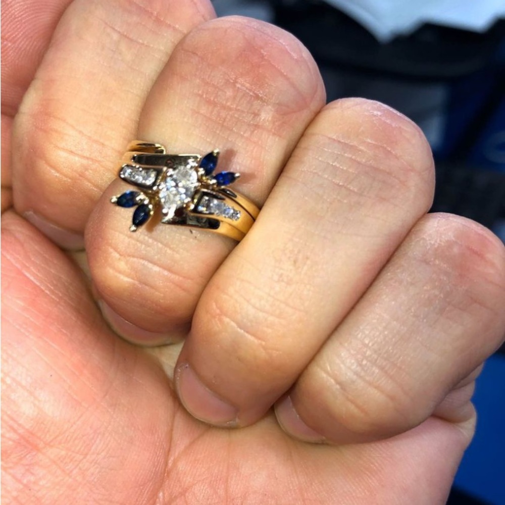 14k Yellow gold 1/4 carat Marquise Diamond ring with Sapphires and Diamonds.